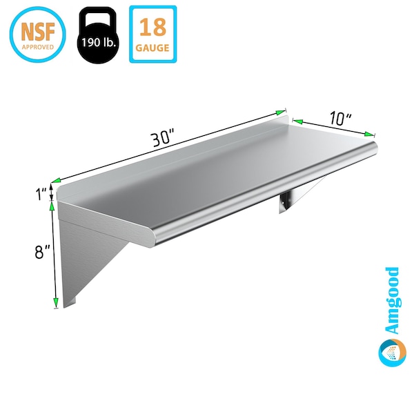 Stainless Steel Wall Shelf, 30 Long X 10 Deep